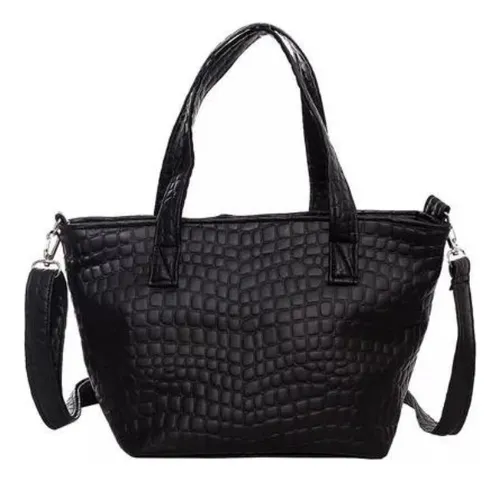 comprar Cartera Mediana Croco Negra Con Correa Cuero Ecológico