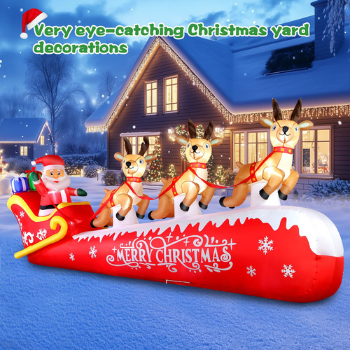 Papá Noel Inflable De Navidad 3 Renos 3.66 Metros Luces Led