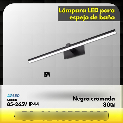 Lampara Led Para Espejo Baño 15w 6k 80cm 85-265v Negra Cr