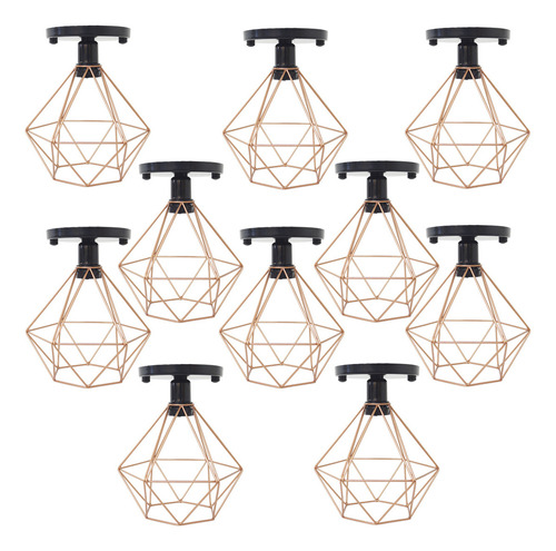 10 Lustres Plafon Industrial Diamante Aramado Retrô Sobrepor Cor Preto/Cobre Rose Gold