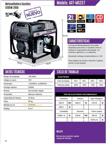 Axt-ms237 Motosoldadora A Gasolina Ax Tech 200a 14hp 5,500w