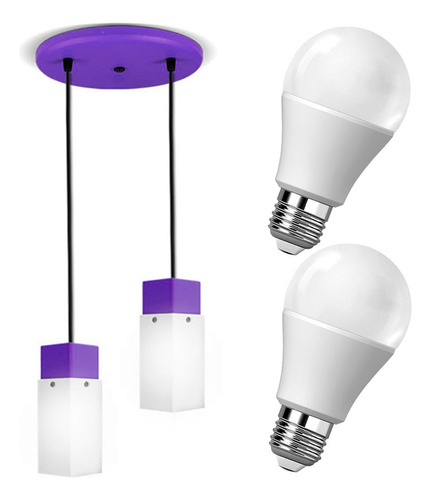 Lámpara Cubo Colgante Cuadrado Techo Moderno Violeta 2 Luces Lámpara Led Cálida 9w Amarilla Rosca E27 3000k