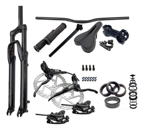 Kit Suspensão Bike Aro 29 Freio Hidráulico Direção Completa Cor Preto
