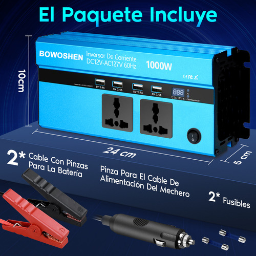 Inversor Corriente Potencia Para Coche 1000w Con Encendedor BOWOSHEN