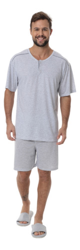 Pijama Masculino Modelo Conde Gola Com Botões Adulto Liso