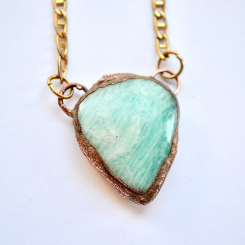 Imagen 1 de 8 de Collar De Amazonita, Piedra Natural Verde, Cadena De Bronce