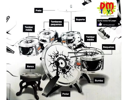 Bateria Infantil Rock Party Com Banquinho Banqueta Meninos