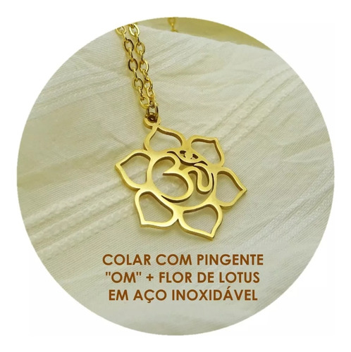 Colar Dourado Flor De Lotus Em Aço Inox, Com Simbolo Om/psy