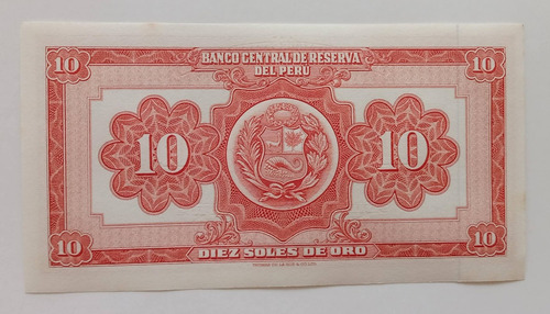 Imagen 2 de 2 de Peru Billete 10 Soles De Oro 1966