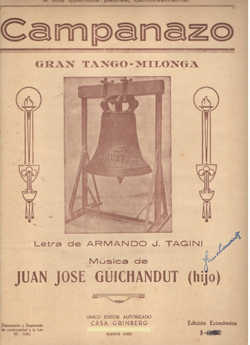 Partitura Orig. Del Tango Campanazo De Tagini Y Guichandut