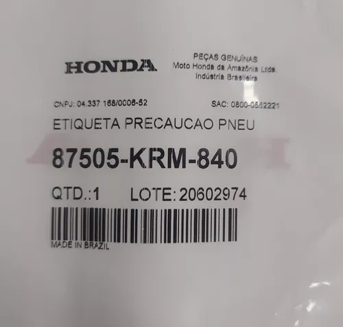 Adesivo Etiqueta Pneu Original Moto Honda Cg 150 / 160