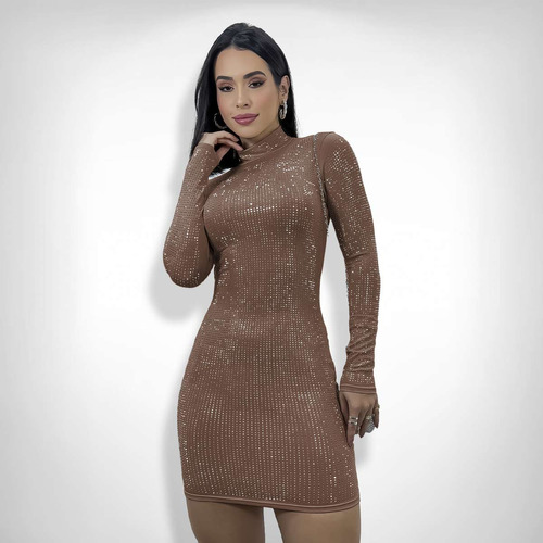 Vestido Feminino Curto Manga Longa Brilho Pedraria Strass 