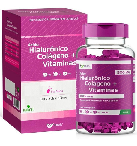 Ácido Hialurônico Colágeno + Vitaminas 60 Cápsulas Muwiz Sabor Sem sabor