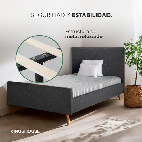 Base Para Cama Individual y Cabecera Con Tapizado Estructura Metal Madera Box Gris KingsHouse