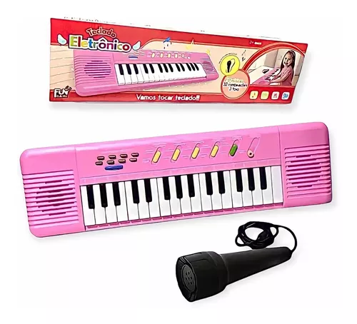 Piano Teclado Infantil C/ Microfone E Banquinho Rosa Inmetro Cor