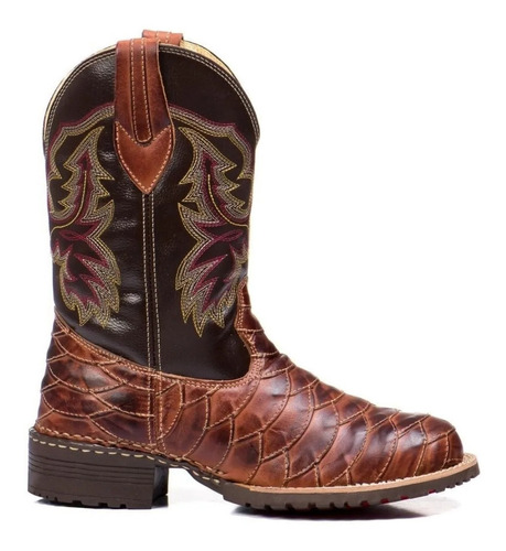 Bota Country Masculina Bico Redondo Texana Escamada Couro