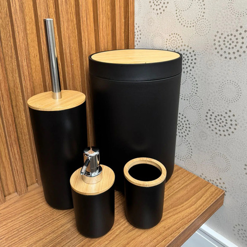 Kit Banheiro Lixeira Porta Escova 4 Peças Tampa Bambu Branco