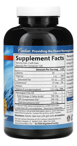 Carlson Labs Aceite De Pescado 700 Mg 240 Softgels Sabor Naranja