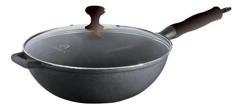 Panela Wok Ferro Fundido Tampa Vidro Cabo Silicone Preta