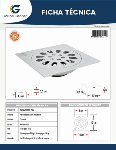 Rejilla En Acero Sifón Inoxidable Anti Olor Y Cucharachas