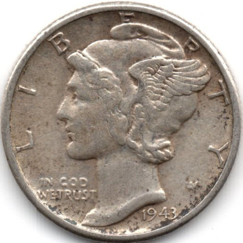 1943 P Dime Mercurio Diez Centavos 10c Xf Moneda Plata Tono