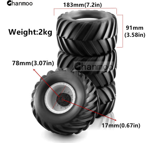 Neumáticos De Camión Monstruo Rc 1/8 Y Ruedas De 17mm Hex