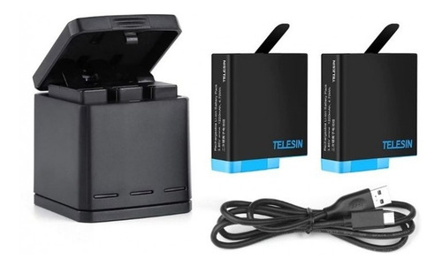 Imagem 2 de 8 de Carregador Gopro Hero 5/6/7/8 Triplo + 2baterias - Telesin