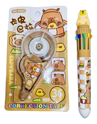 Kit Escolar Caneta 10 Cores + Corretivo (marrom) Capivara