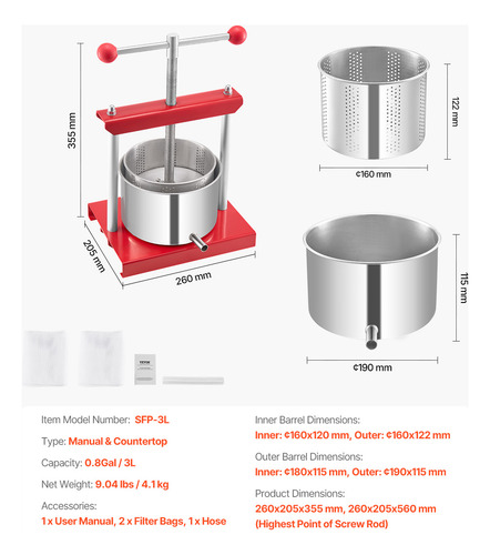 Vevor Prensa De Vino De Frutas 3 L 2 Barriles Inoxidable