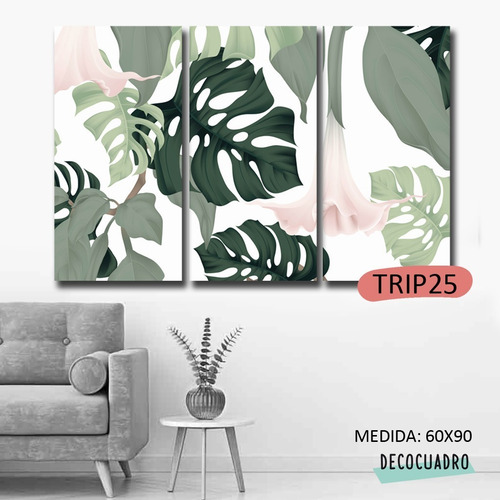 Imagen 5 de 10 de Cuadro Hojas Tríptico 60x90 Decorativo Modernos Tela Impresa