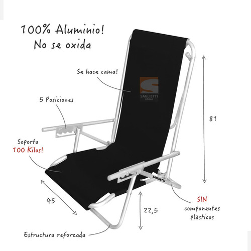 Imagen 5 de 10 de Reposera Silla Cama Aluminio Reforzada Playera 100 Kilos