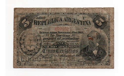 Argentina Billete 5 Centavos 1891 Fraccionario Bottero 1009