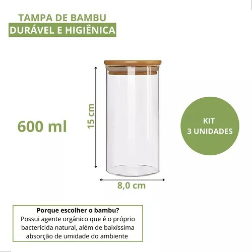 Kit 3 Potes 600ml Bambu Hermético Vidro Temperos Mantimentos