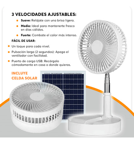 Ventilador Solar Portátil Recargable 6w Blanco 8 Con Panel
