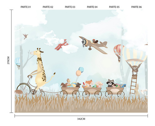 Imagem 2 de 3 de Papel De Parede Painel Infantil Animais Aviões 6 Rolos 9m²