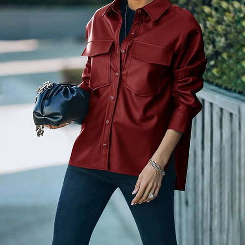 Camisa Casual De Chamarra De Cuero Con Botones Para Mujer