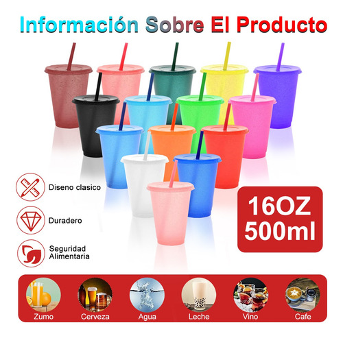 15vasos Mágicos Reutilizables Plástico 16oz C/tapa Y Popote Multicolor