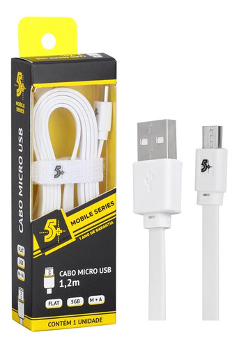 Cabo Carregador De Celular Micro Usb Flat 1.20m Branco 5+