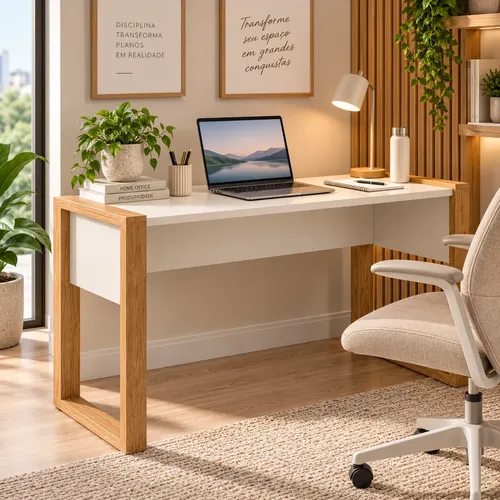 Mesa Escrivaninha Branca Estudos Home Office Industrial Mdf Freijó Toq / Branco