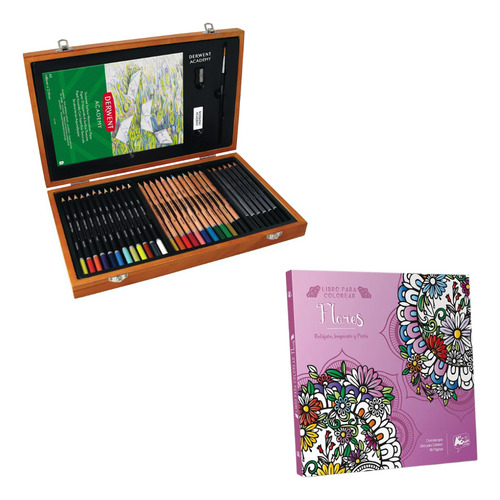Libro Colorear Mandalas Flores + Set Lápices Caja De Madera