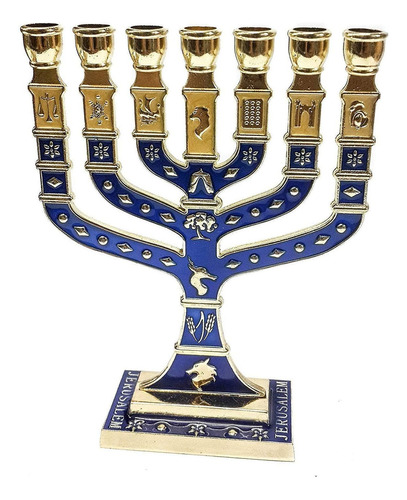 Menorahs Jerusalem Para 7 Velas, 12 Tribus, Azul Y Dorado