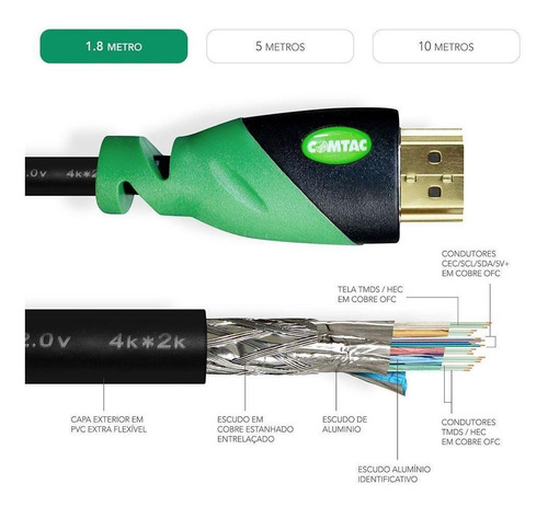 Cabo Hdmi 2.0 Conector Gold 4k 3d Hd 1,8 Metro Comtac 9362