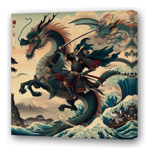 Cuadro 30x30cm Samurai Dragon Caballo En Gran Ola Arte