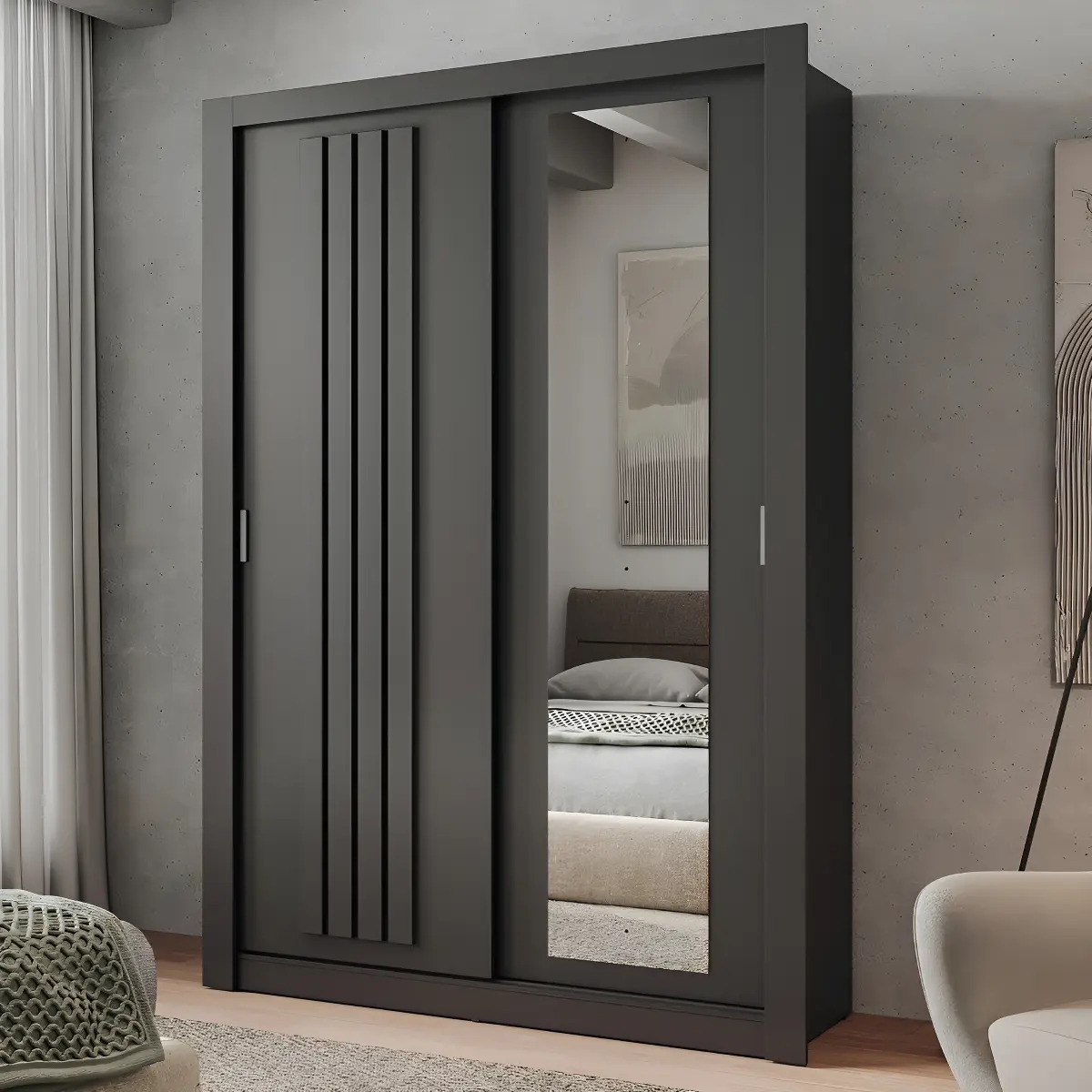 Guarda Roupa Solteiro 2 Portas Darvi Lux 2 Gavetas Carraro Ripado Preto Touch