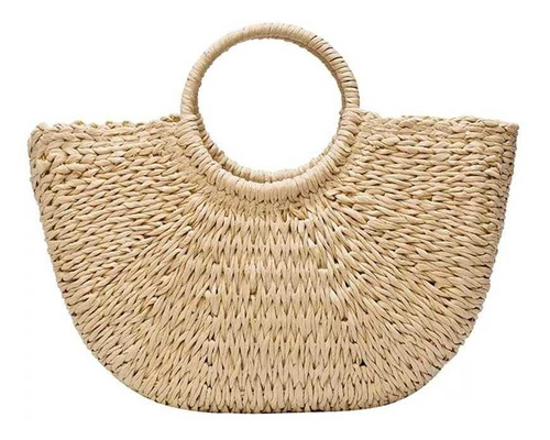 Bolsa Praia Feminina Palha Com Zíper E Forrada Meia Lua