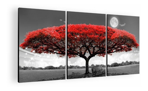 Cuadro Decorativo Mural Triptico Arbol Rojo 126x60 Mdf