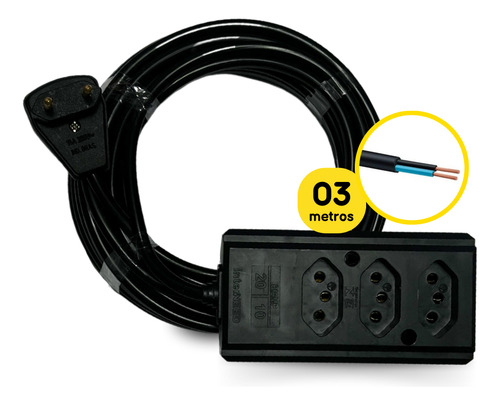 Extensão Elétrica Régua 3 Tomadas 3 Metros 10a/20a Pp 2x1,5