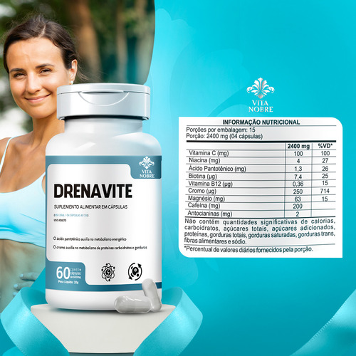 Drenavite 600mg Suplemento Cafeína Cromo e Vitaminas 60 Cápsulas