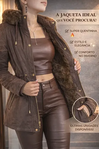 Jaqueta Parka Feminina Sarja Forrada Peluciada Capuz Removív
