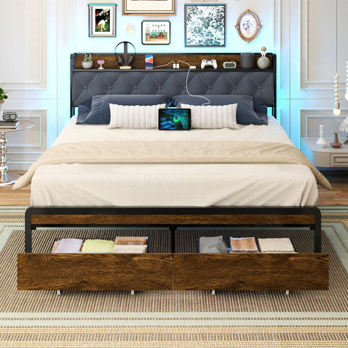 Base De Cama Matrimonial Size Con 2 Cajones Y Estacion Carga